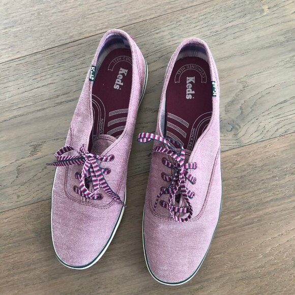 Keds Canvas Lace Up Denim Sneakers Prpl Pink w Teal Trim + Striped Laces Sz 9.5 - Picture 3 of 12